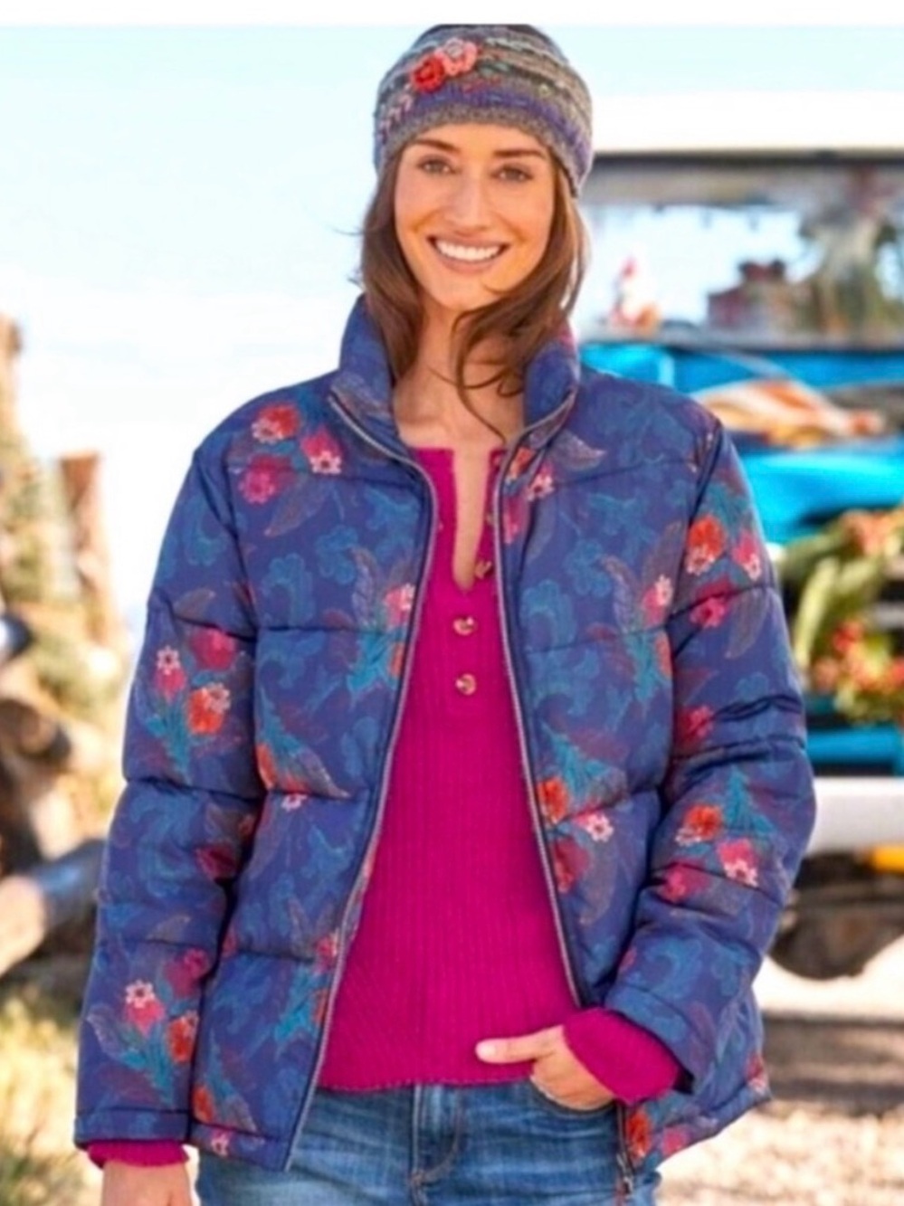 Sundance blue Floral Quilted Puffer Jacket